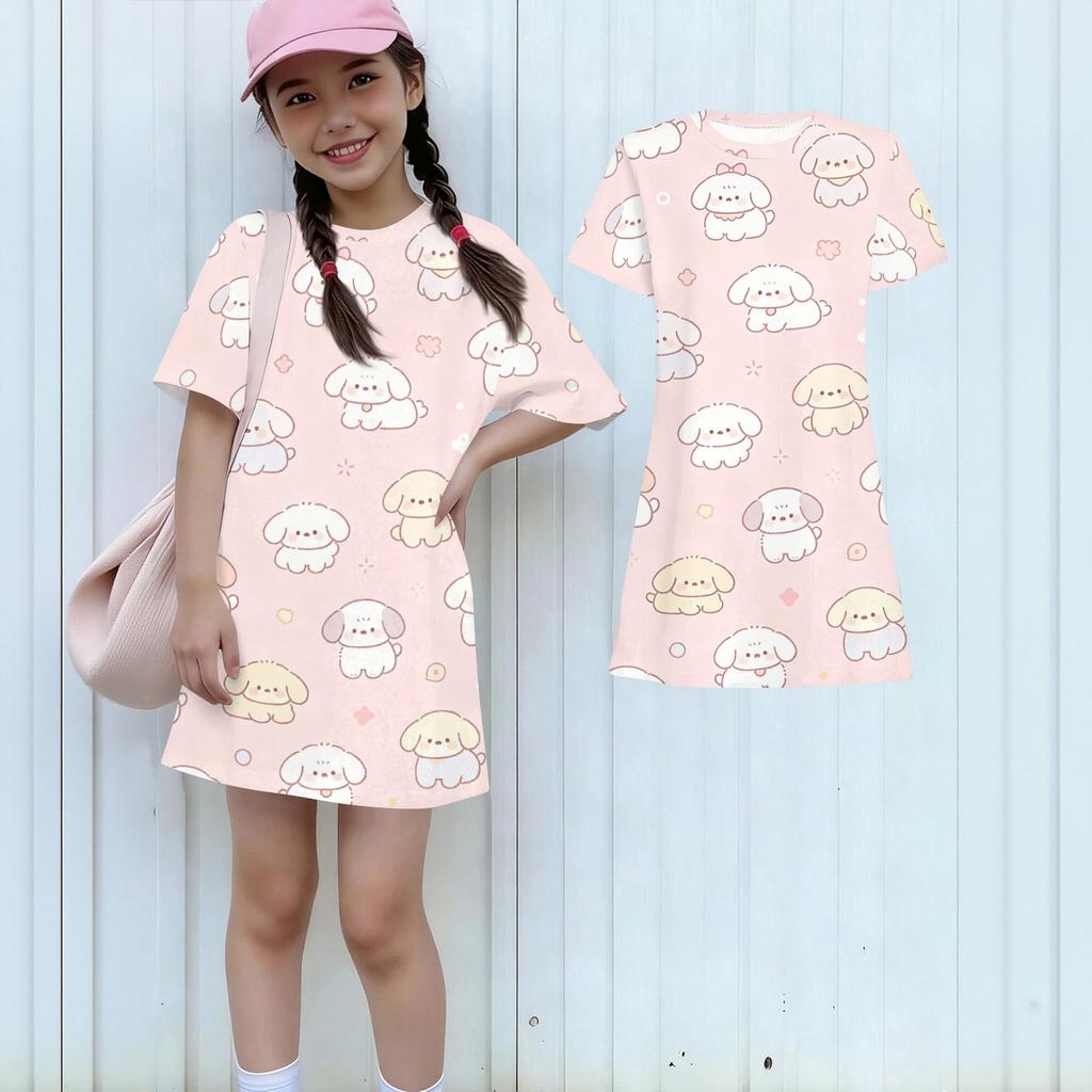 Girls Loose Fit Short Sleeve Dress Lightweight Round Neck Casual Animal Print Summer Dress for Kids Comfortable Daily Wear
