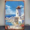 Plat 2D, 1 pièce Plaque Métallique Moulin à Vent Grec Mykonos Côte - Décoration en Étain Durable, 8x12 pouces(20x30 cm), pour Bar/Chambre/Maison