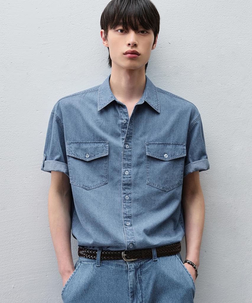 DRAW FIT [Genflox X Drawfit] Linen Denim Roll-Up Shirt [3 Colors]