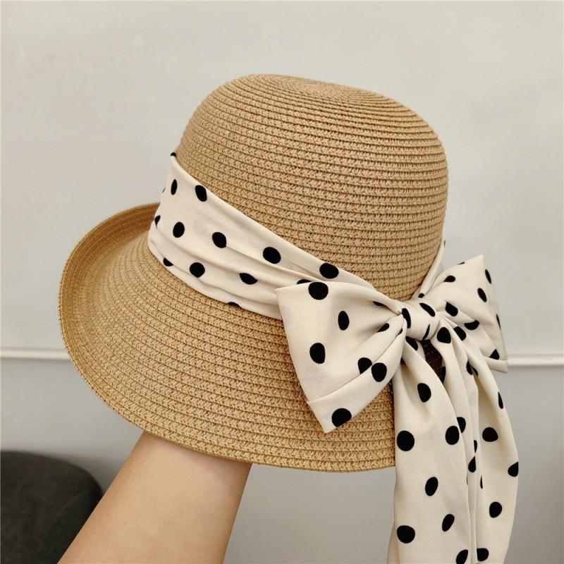 2026 Summer Women Straw Hat Dot Ribbon Pearl Flat Top Wide Brim Sun Hat Travel Beach Lady Panama Cap GIFT