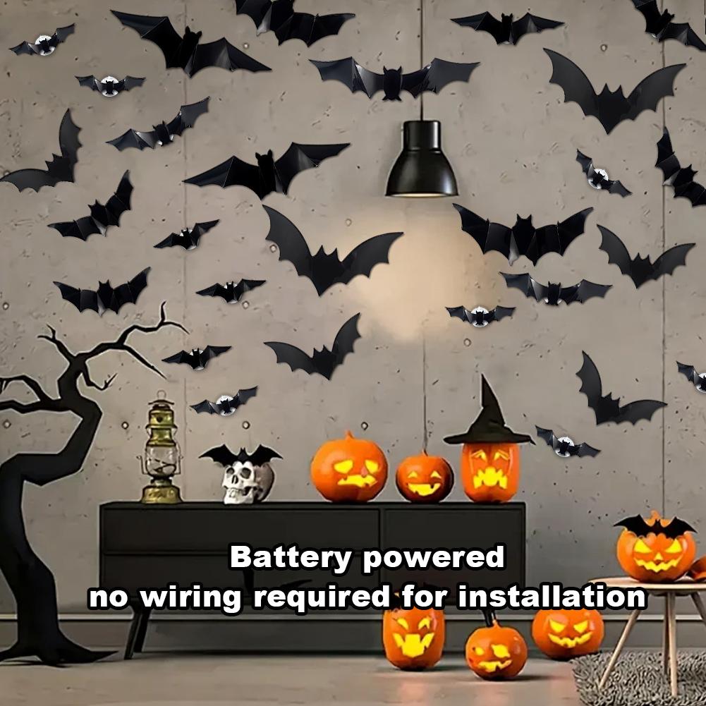 72-12PCS Halloween Bats Decorations 3D Black Bats Wall Stickers Scary Glowing Bat Decor Props Bar Room Halloween Party DIY Decor