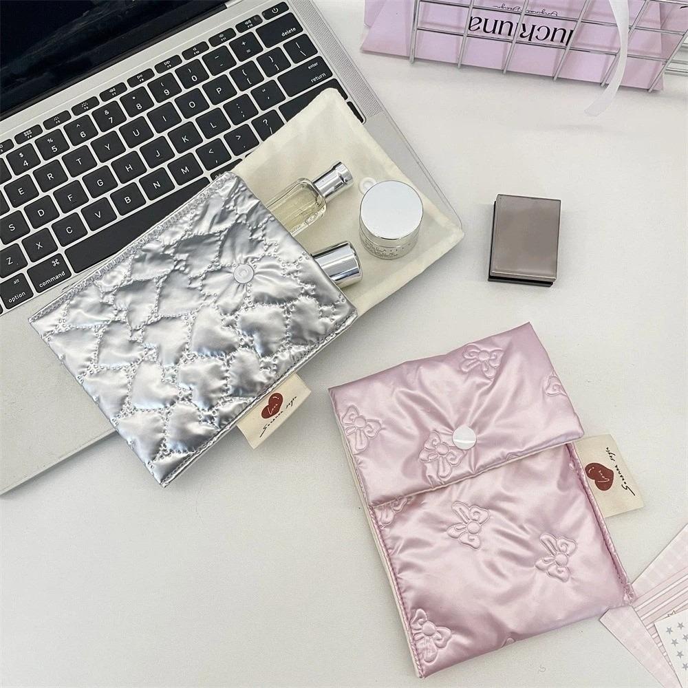 Large Capacity Sanitary Napkins Storage Bag Embossed Bow Makeup Bag Multi-Purpose Use