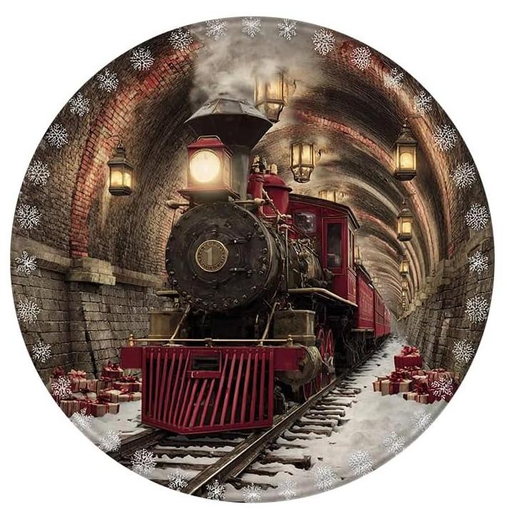 Tapis rond vintage 3D représentant un train à vapeur, des rails, un pont, un tunnel et une forêt illuminée. Décoration idéale pour le salon ou le bureau.