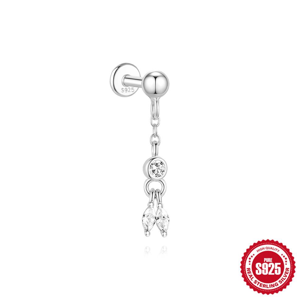 S925 Women's Sterling Silver Simple Temperament Small Zircon Flat Bottom Piercing Stud Earrings Temperament Earrings Pendant Earbone Stud