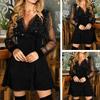 V-Neck Long Sleeves Waist Tight Loose Hem Women Dress Elegant Sequins Decor Mesh Yarn Stitching Mini Dress