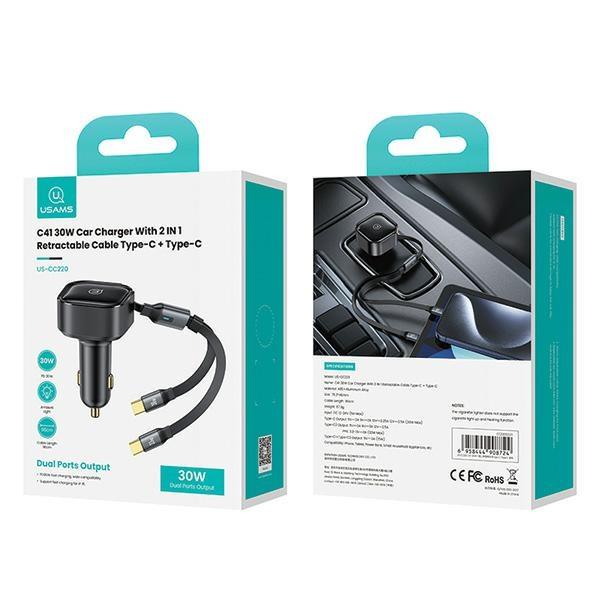USAMS Car Charger with Retractable Cable 2xUSB-C C41 PD 30W Fast Charge Black/black CC220CC01 (US-CC220)