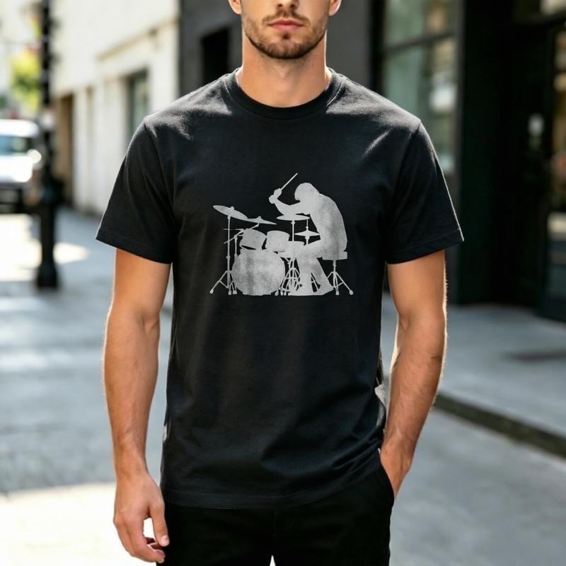Vintage Rock Drummer Drum Kit Silhouette Graphic T Shirt Unisex Unisex Cotton Crewneck Musician Band Tee Summer Casual Streetwear