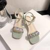 Sommer 2025 Zehenfreie Damen-Sandalen Strass Mittelhoch Absatz Riemchensandalen Bestseller Bequeme Kristall High Heels für Damen