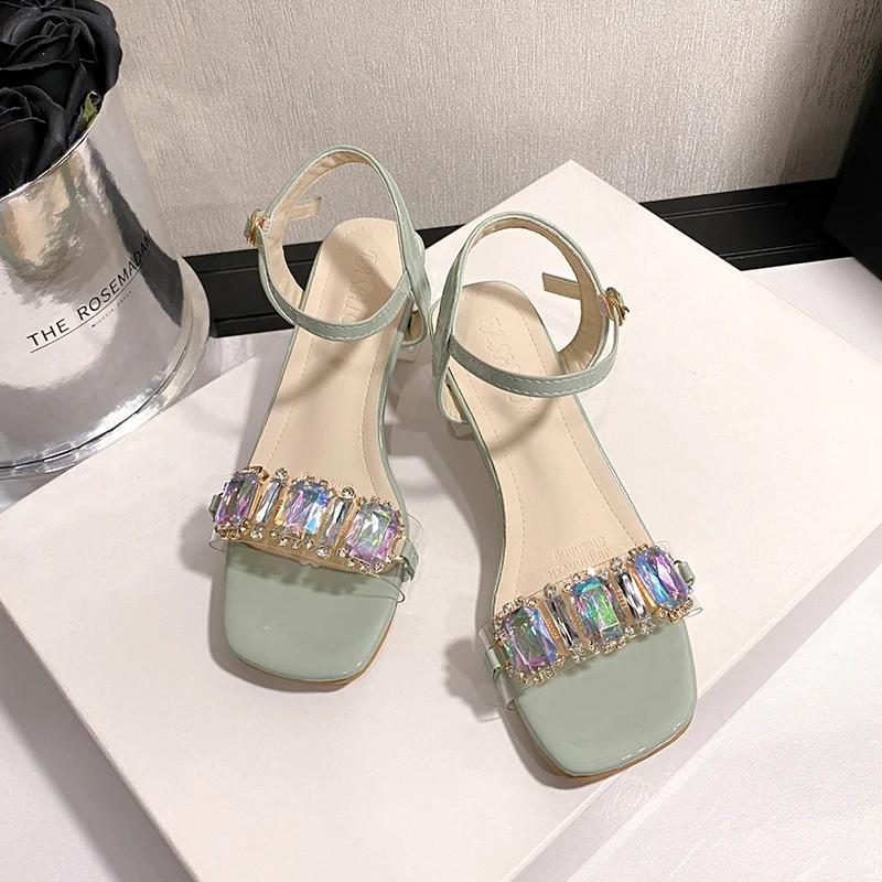 Sommer 2025 Zehenfreie Damen-Sandalen Strass Mittelhoch Absatz Riemchensandalen Bestseller Bequeme Kristall High Heels für Damen