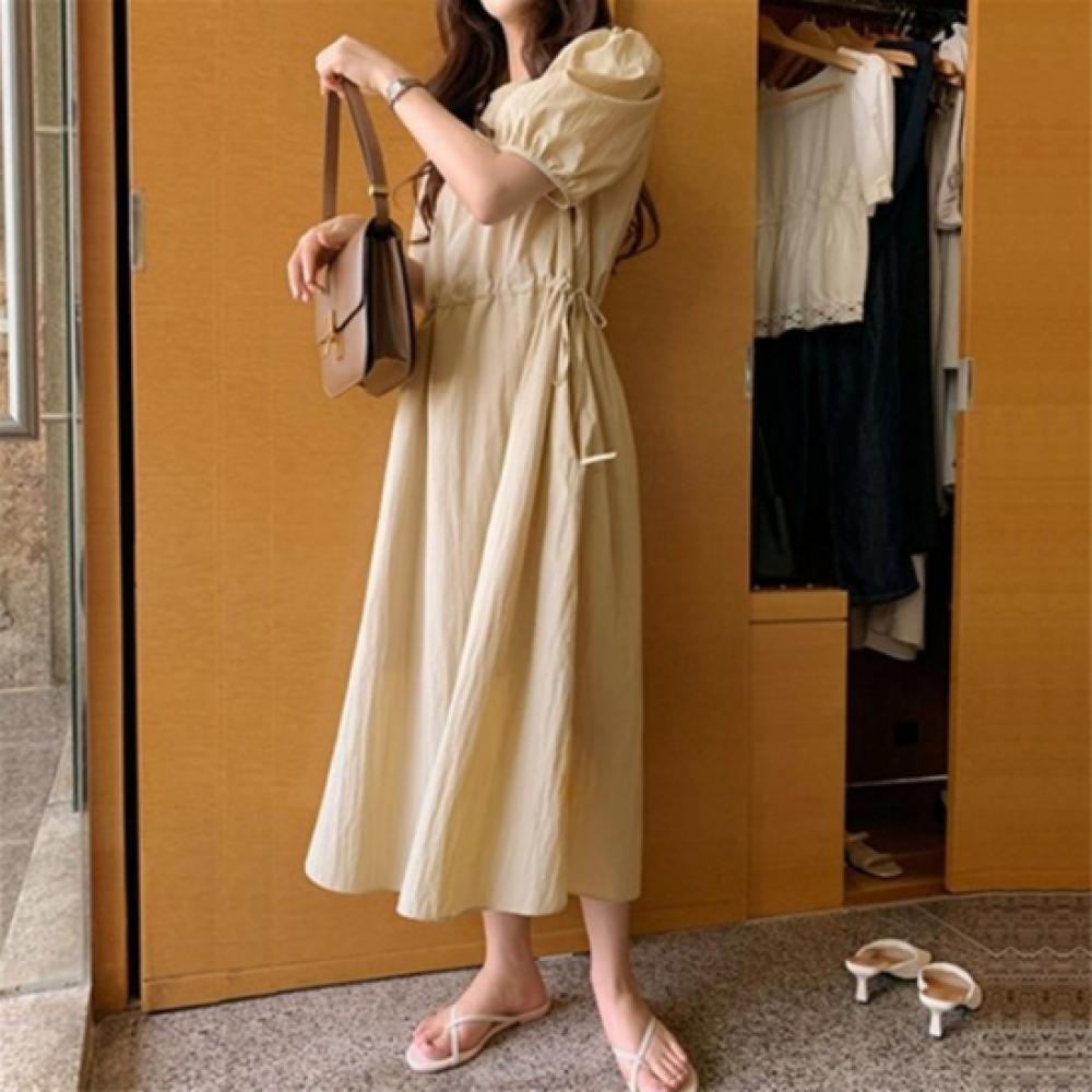 New Arrivals Open Run Women Lovely Solid Color Cotton Puff Sleeve Long Dress