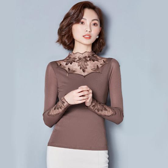 Women Bottoming Tops Half High Collar Embroidery Leaf Pattern Long Sleeve Tops Commuter Style Blouse