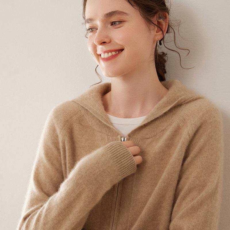 Cardigan à capuche en cachemire épais pour femme - Tricot lâche zippé pour l'automne et l'hiver