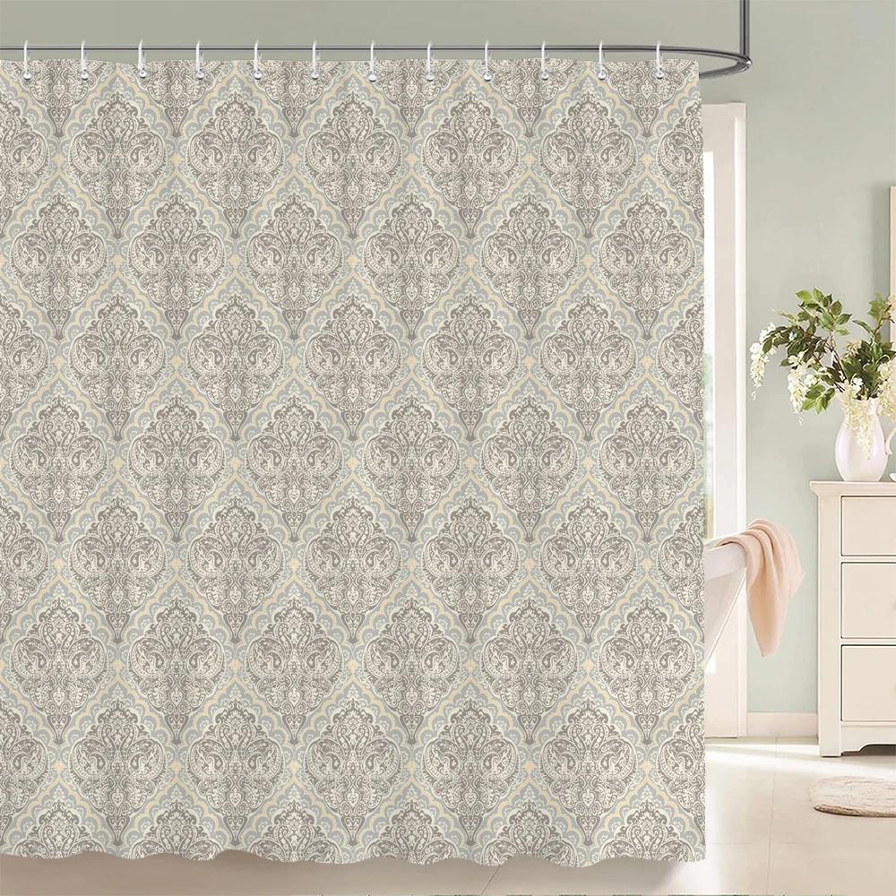 1Pc European Style Golden Flowers Shower Curtain Waterproof Fabric,Floral Print Partition Curtain Decorate Bathroom Curtain