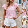 Women's Printed Summer Fashion Back Bow Tiered Ruffled Short Sleeve Shirt