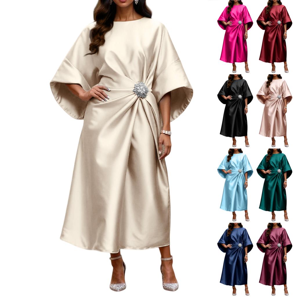 Elegant And Sophisticated Satin Dress With Beaded Floral Embellishments For Women's Commuting.