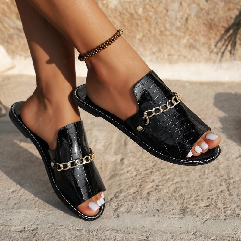 Oversized Flat Slippers with Crocodile Pattern Chain Casual Shoes for Women
