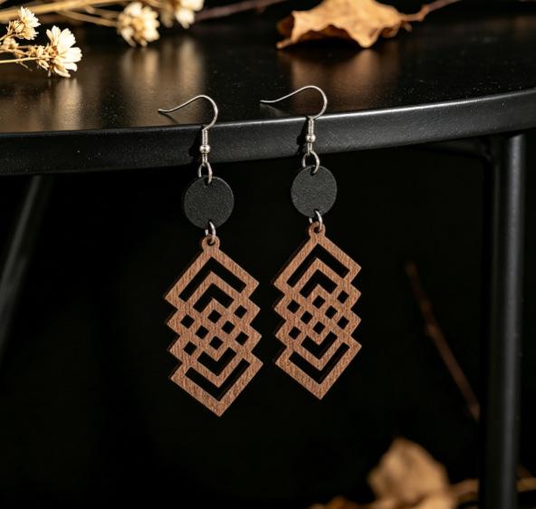 European & American Style Coffee Color Geometric Wooden Earrings for Women - Versatile & Fashionable