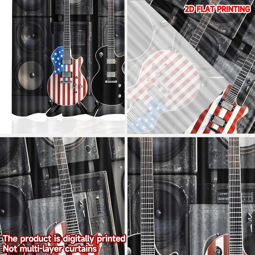 2D Flat Printing 2pcs Scene Curtains American Flag Guitars Display Digital Printed Polyester Drapes Festive Curtains Use for