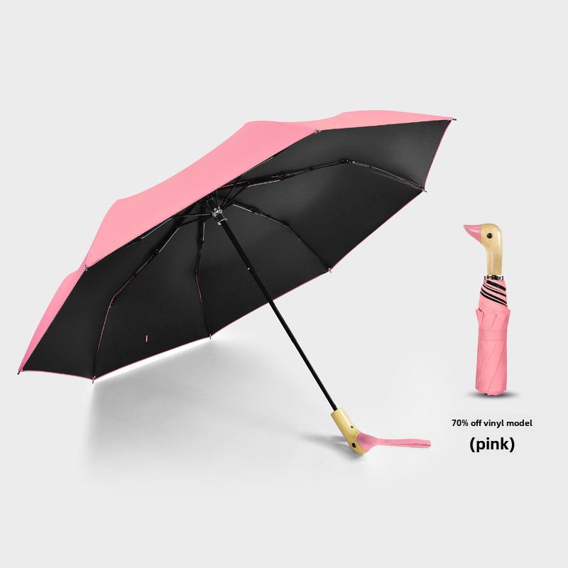 Parapluie créatif à tête de canard: Noir élégant avec manche en bois, protection solaire, double usage pour la pluie ou le soleil.