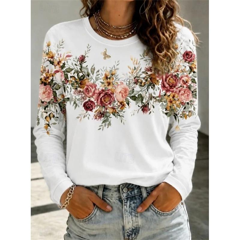 2026 Autumn New Women's Long-Sleeved Round Neck Casual T-Shirt with Colorful Floral Print Plant Elements Outdoor Chic Top