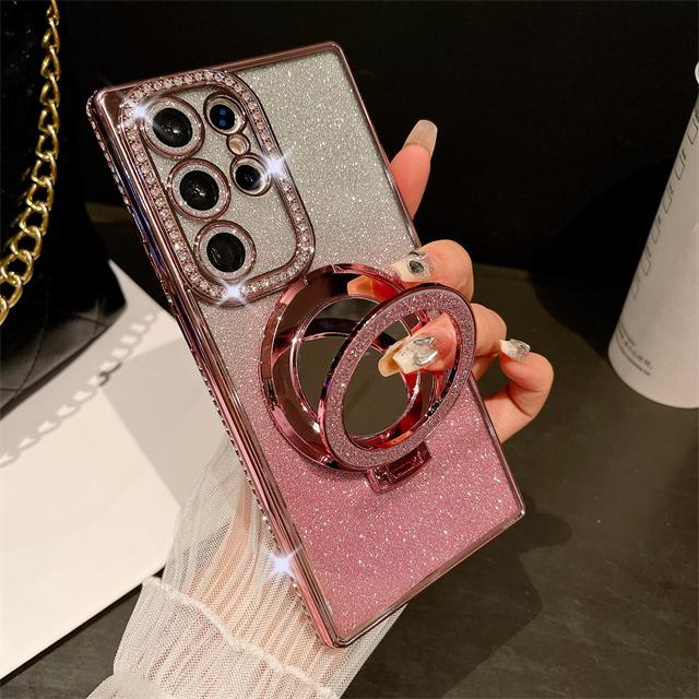 For Samsung Galaxy S25 S26 Ultra Luxury Glitter Mirror Holder Plating Diamond Frame Phone Case For Samsung S22 23 S24 Plus Cover