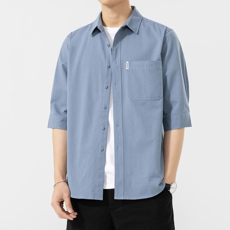 Pure Cotton Short Sleeved Shirt for Men's Non Ironing Three Quarter Sleeved Washed Shirt Jacket Casual Versatile Top