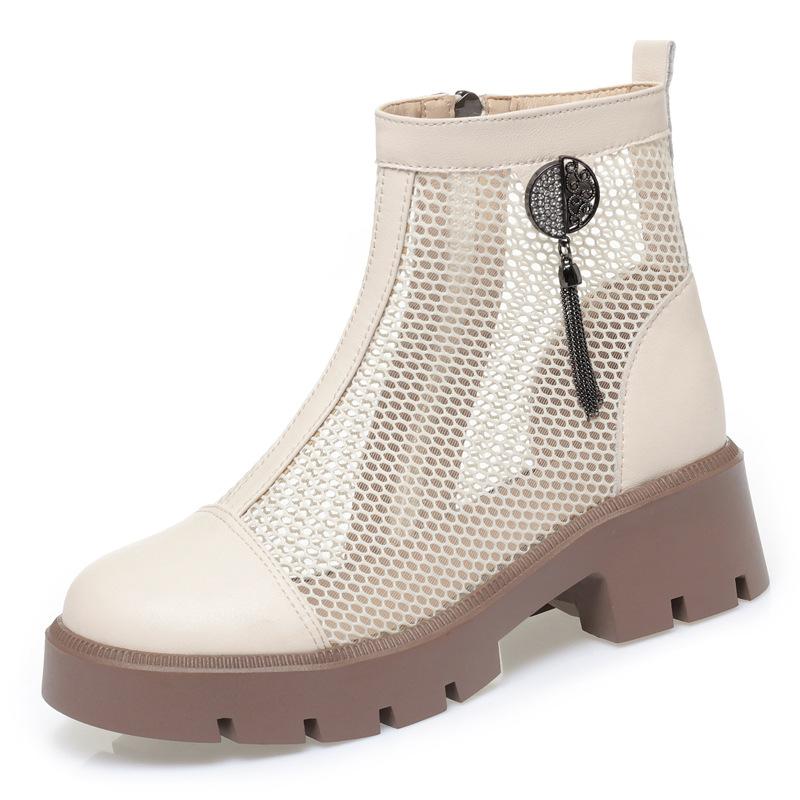 High Heel 4.5cm New Genuine Leather Martin Boots Women's Thin Mesh Breathable Hollow Thick Sole Increase Versatile Casual Short Boots Mesh Boots