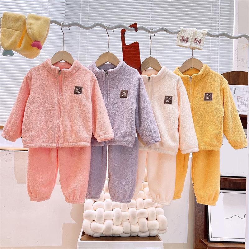 Sets Autumn Winter Warm Fleece Suits Cardigan Pants Outfits Boys Girls Homewear