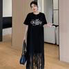 Loose and Oversized Cute Patterned Design Mid-length Slit T-shirt Dress with Individuality