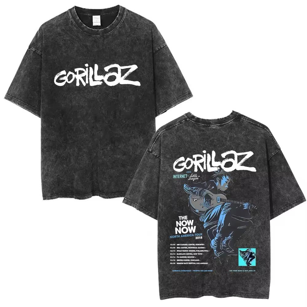 Washed Vintage Rock Band Gorillaz Cotton T Shirt Album Graphic Tshirt Mens Women Clothing Hip Hop Fashion Oversized Tshirts