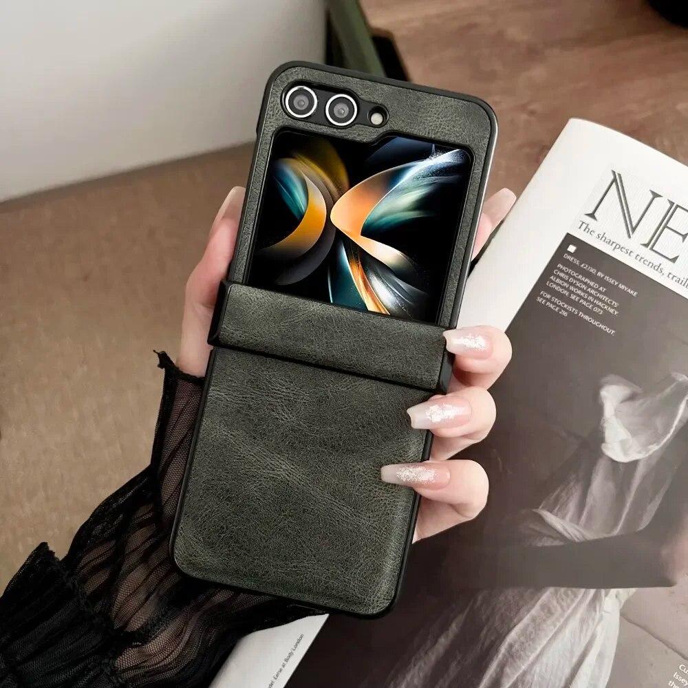 For Samsung Galaxy Z Flip 6 5 4 3 Case Hinge All-inclusive Luxury Faux Leather Folding Shockproof Protective Hard Cover Accessorie