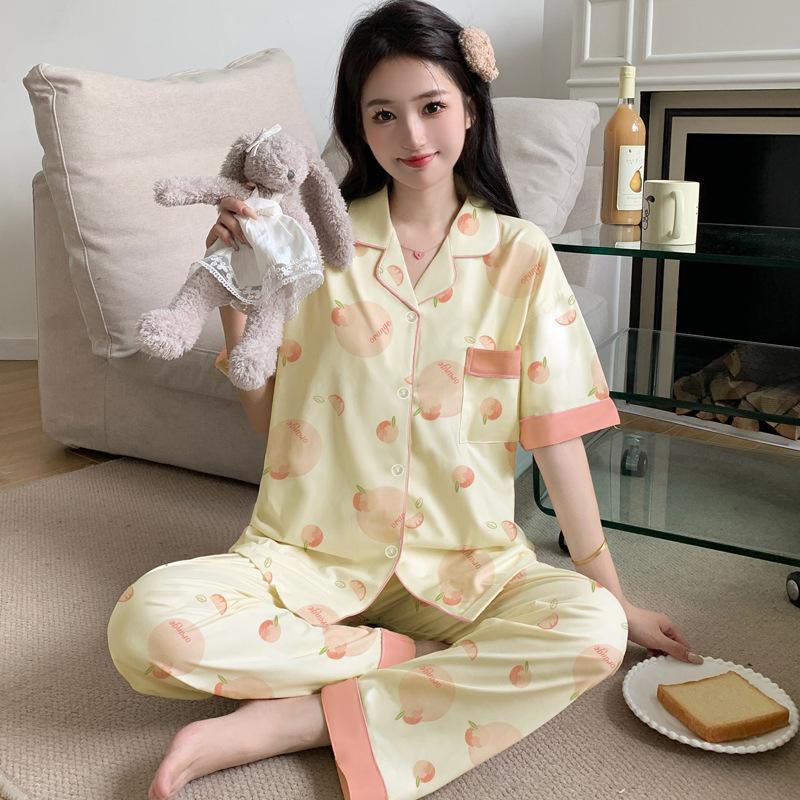 Peach Print Large Size Pajamas Women's Summer New Imitation Cotton Short-sleeved Trousers Medium Mother Loungewear