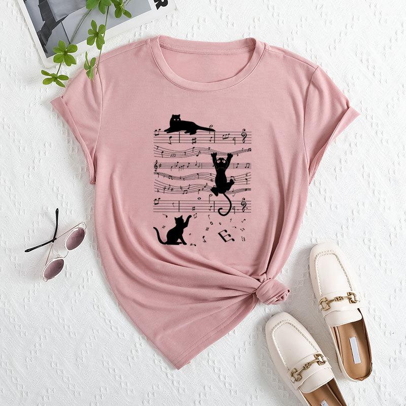 Summer Women's Sheet Music Print Loose Round Neck Casual Pure Cotton Short Sleeved T-shirts Women's