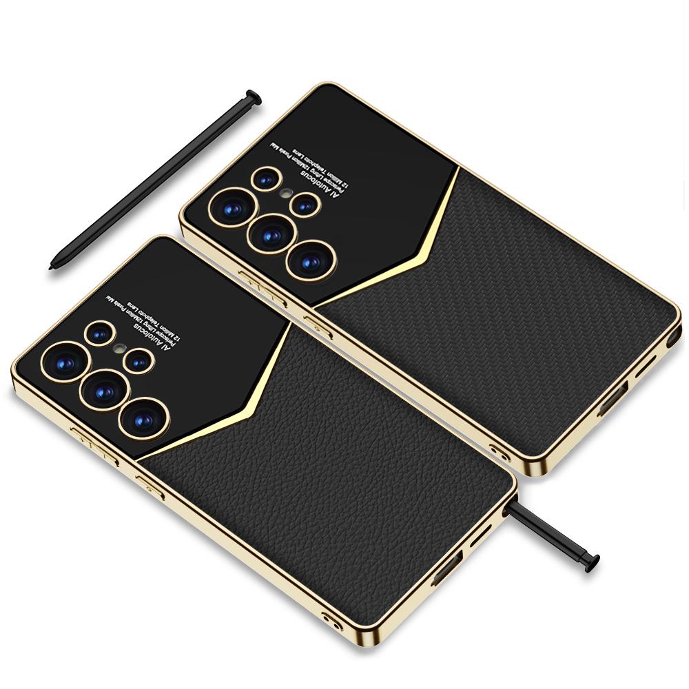 Luxury Leather Gold Plating Frame Phone Case For Samsung Galaxy S23 S24 S25 Ultra Soft Edge S25Ultra S24Ultra Protection Cover
