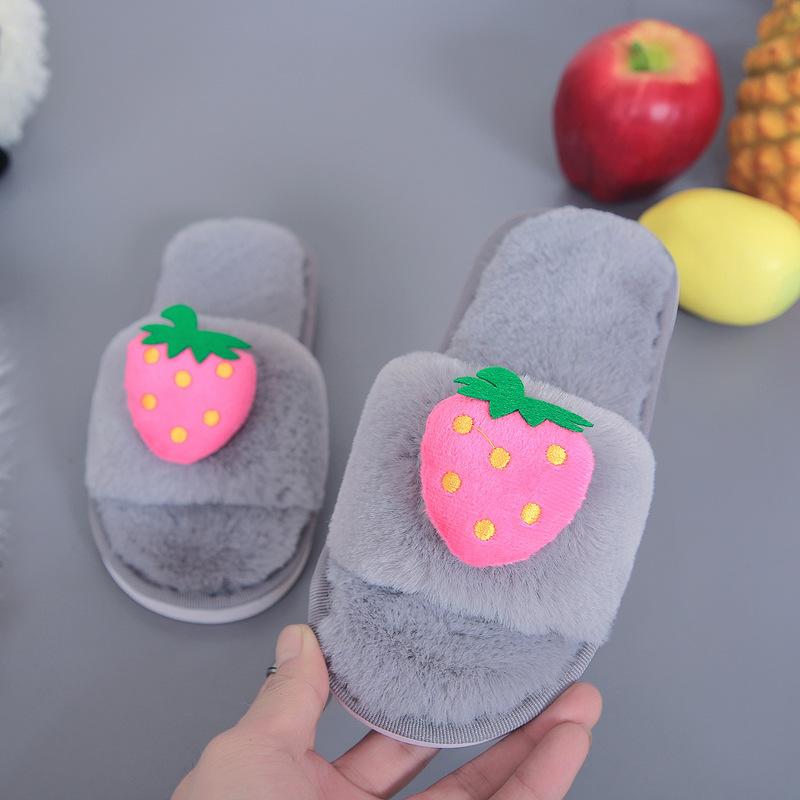 Fashion Women Men Winter New Year Parent-child Mao Mao Slippers Home Indoor Outdoor Cute Fruit Word Floor Plush Cotton Slippers Warm
