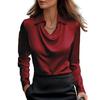 Camisa Feminina Gola Balanço Lapela Manga Longa Camisa de Cetim Cor Sólida Caimento Solto Tops Casuais Trabalho Festa Férias Camisa