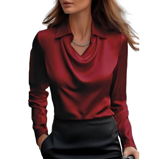Camisa Feminina Gola Balanço Lapela Manga Longa Camisa de Cetim Cor Sólida Caimento Solto Tops Casuais Trabalho Festa Férias Camisa