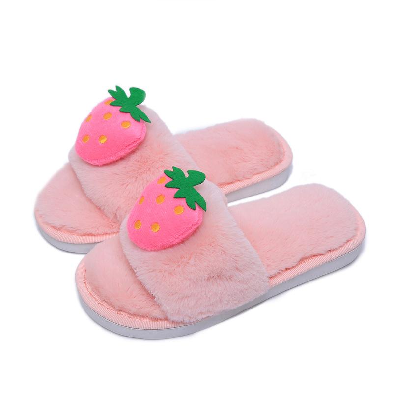 Fashion Women Men Winter New Year Parent-child Mao Mao Slippers Home Indoor Outdoor Cute Fruit Word Floor Plush Cotton Slippers Warm