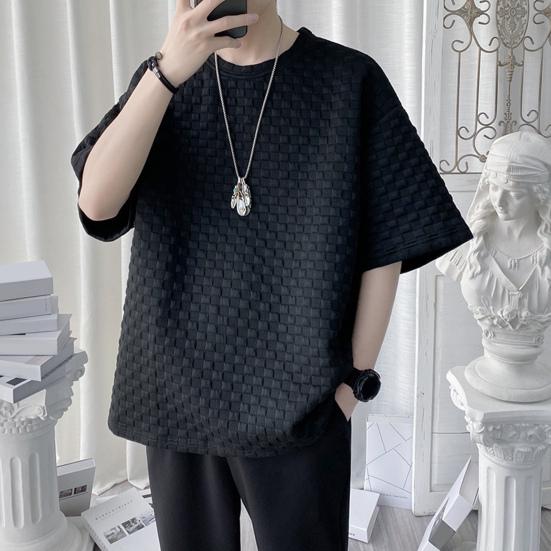 Męska koszulka z krótkim rękawem i okrągłym dekoltem, wafelkowa, z nadrukiem 3D, letnia, gładka, prosta koszulka, streetwear