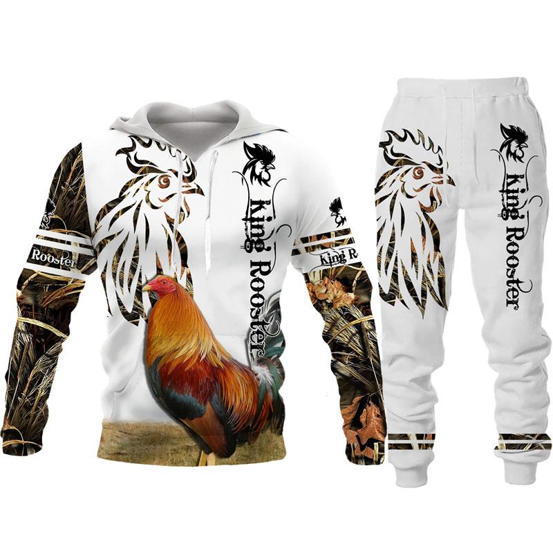 Cool Rooster Hunting Camo Hoodie Suit Harajuku Men's Funny Pullover Pants Two Piece Set Chicken Cock Animal 3D Printed Tracksuit