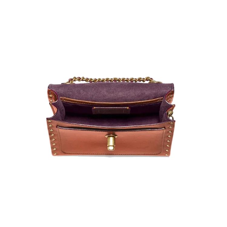 Coach Parker 18 Studded Camellia Chain Flap Shoulder Bag Coated Canvas And Calfskin Crossbody Bag Small Women Shoulder Bag Khaki Brown 30592-B4RU