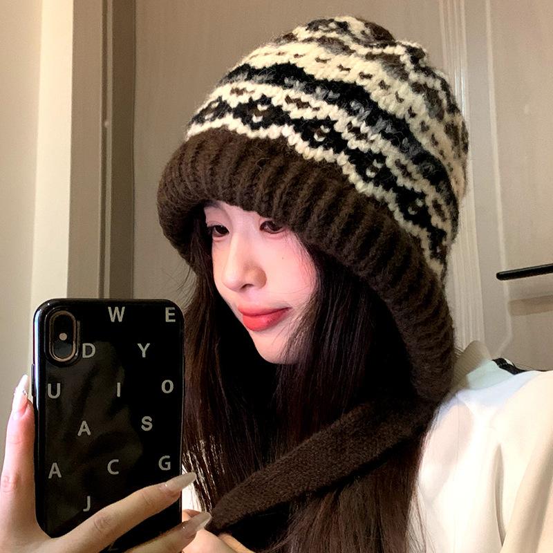 Korean Style Red Balaclava Hat for Women Autumn and Winter Large Head Circumference Woolen Hat Warm Ear Protection Strap Knitted Hat