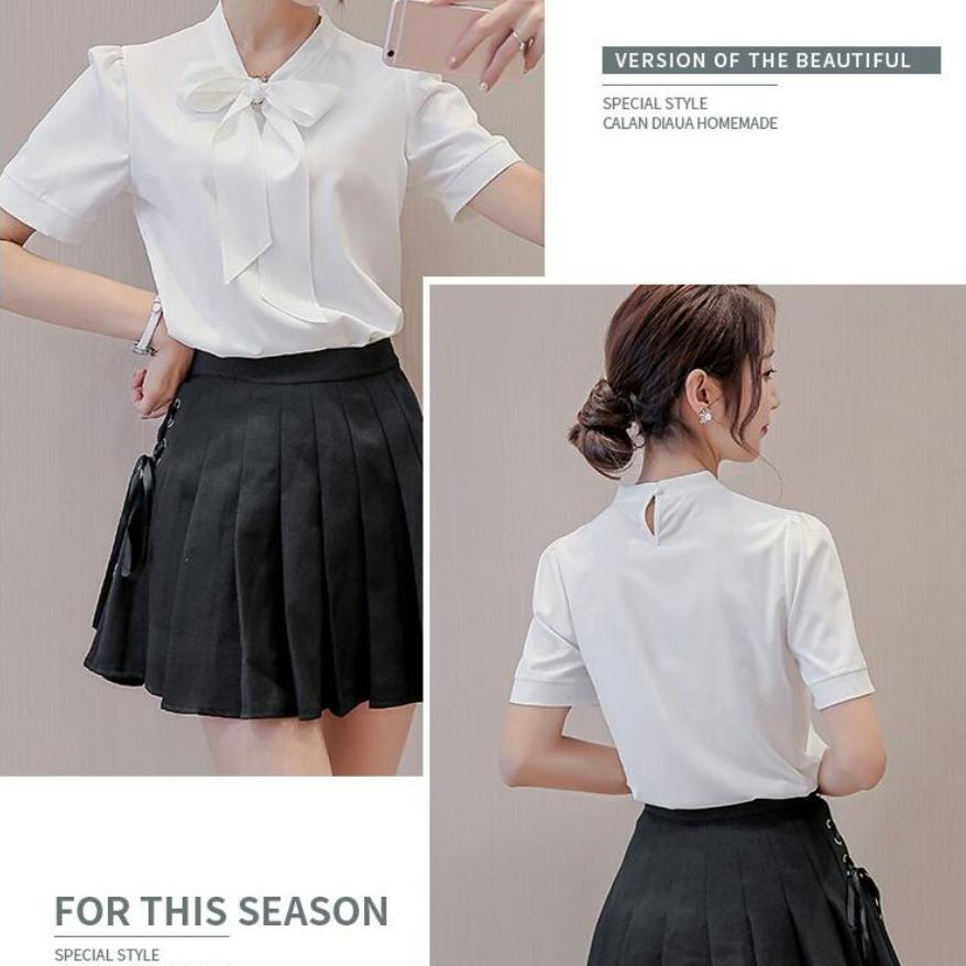 Summer Women Pink White Chiffon Blouse Fashion Korean Style Bow Tie Collar Ladies Shirt Office Casual Short Sleeve Base Top