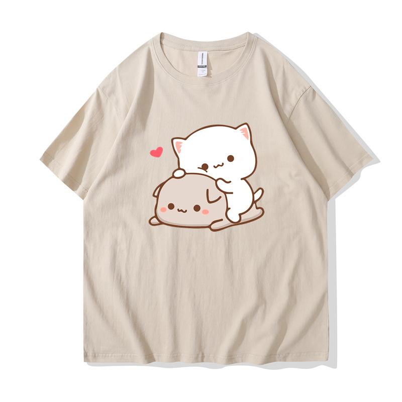Peach Cat Goma and Mochi T-shirt New Summer Style T Shirt Femme Cute Print Women Tee-shirt Fashion Harajuku Couple 100% Cotton