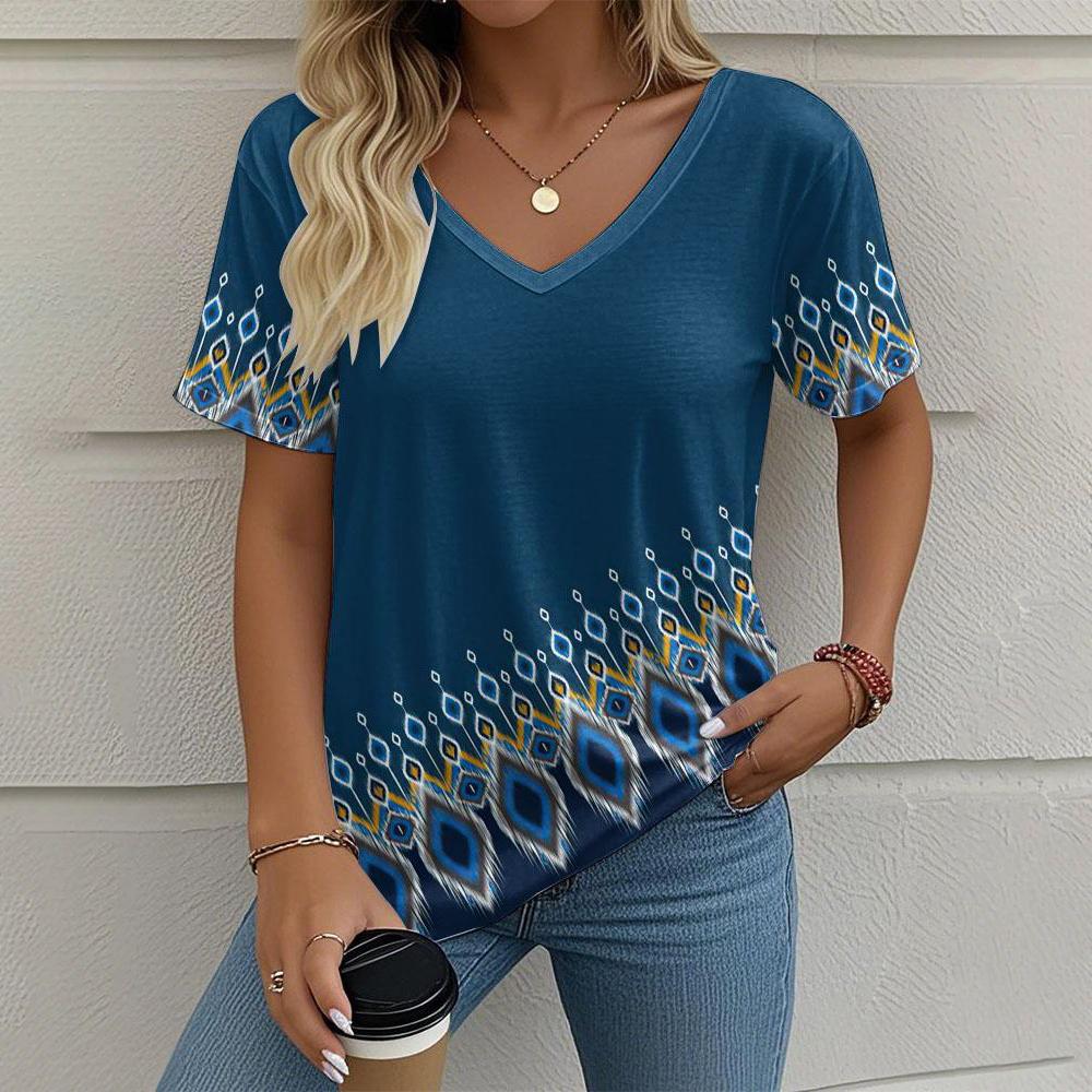 Ethnic T-Shirts Geometric 3D Print Women's Casual V-Neck Short Sleeve T Shirt Y2K Tees Oversized Harajuku Tops Female Clothing