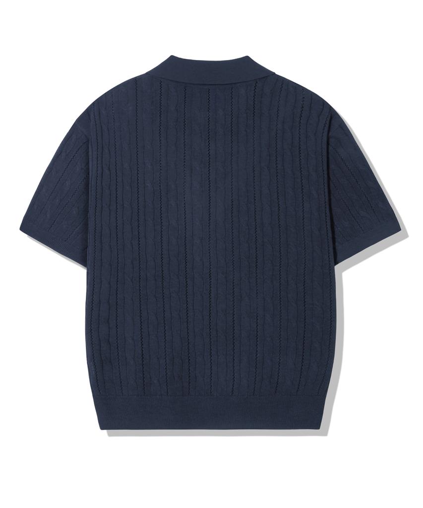 TRILLION Washable Resort Cable Collar Short Sleeve Knit_Navy