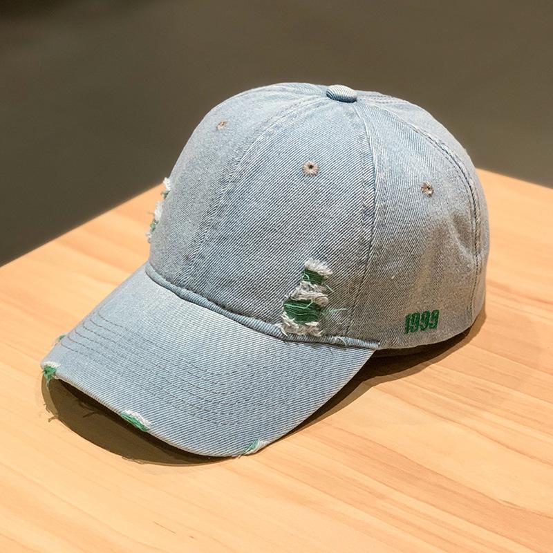 Verstellbare ausgefranste Denim-Baseballkappe Sonnenschutz Unisex Retro Schirmmütze Baumwolle Bestickt Used-Look Blau Casquette