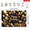 2D Black Gold Balloon Happy Birthday Backdrop with Crown and Gift Box Party Banner