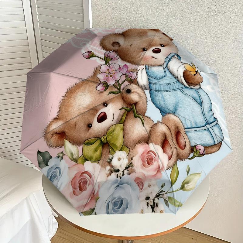 1pc Teddy Bears Flowers Automatic Folding Umbrella, Heavy Duty 8 Rib Iron Frame,  Suitable for Travel, Daily Use, Birthday, Decor Gift m0104025