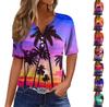 Dámske ležérne havajské potlačené tričko s V-výstrihom a krátkym rukávom s ozdobným gombíkom